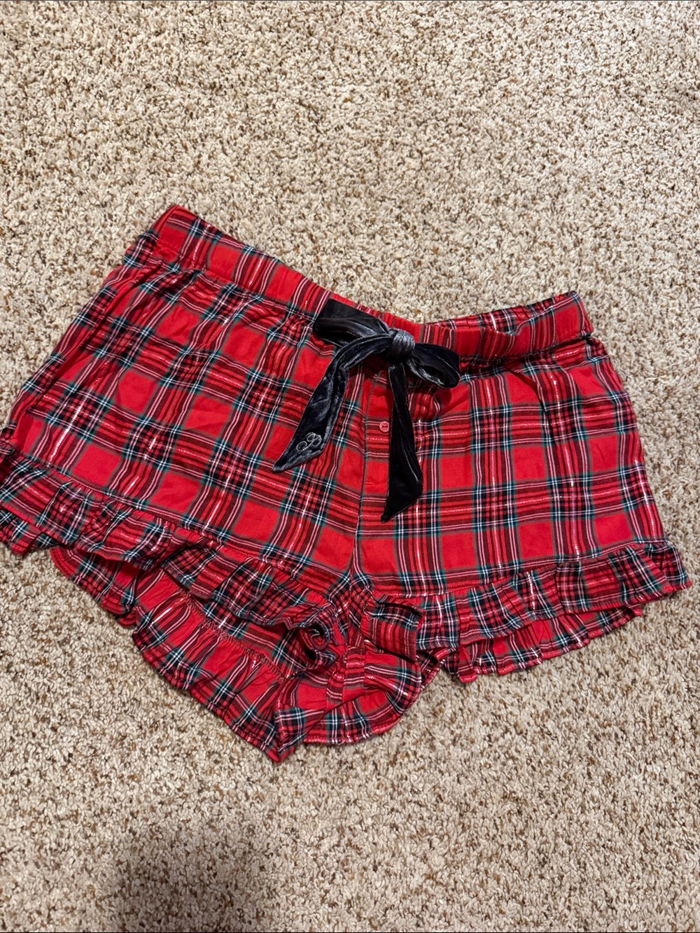 PINK Victoria's Secret Red Plaid Ruffle Sleep Shorts with Black Velvet Tie